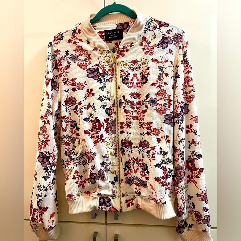 Love Tree Black Pink Floral Zip Up Jacket Womens Large Long Sleeve Pockets